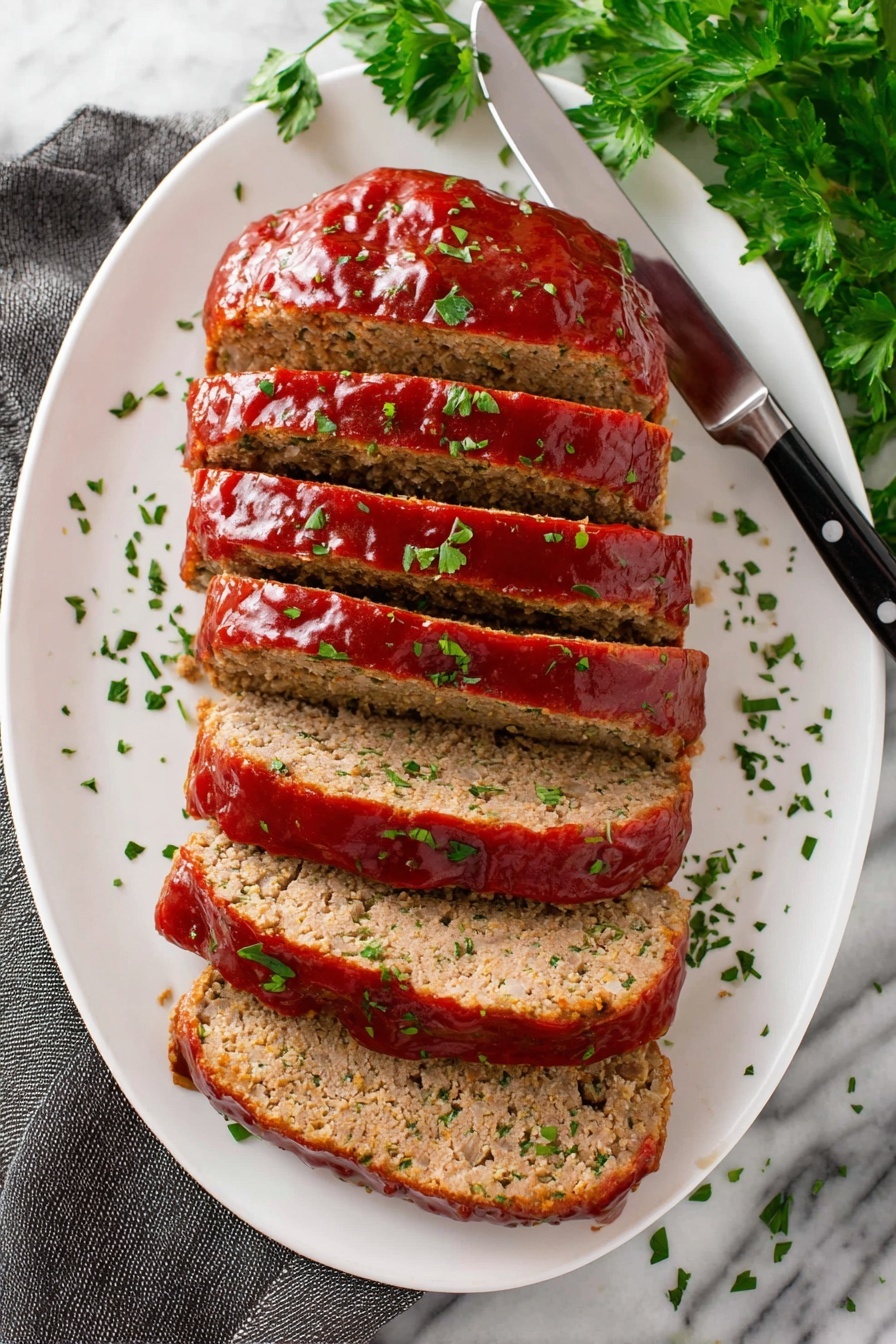 A loaf-shaped meat dish covered with a shiny red sauce and sprinkled with chopped green herbs sits on a white plate. Two slices have been cut from the front, showing a light brown, moist interior mixed with small green bits. A knife with a black handle lies next to the loaf on the plate. The background is a white marbled surface with some scattered green herbs and a bunch of fresh green parsley slightly blurred on the right side. Photo taken with an iphone --ar 2:3 --v 7