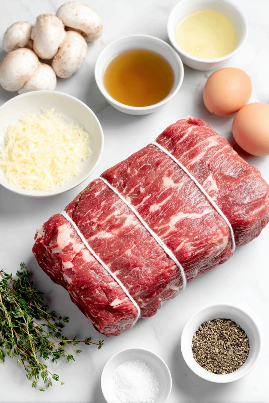 Flat lay of a whole tied center cut beef tenderloin with natural marbling and white twine, a few fresh thyme sprigs with vibrant green leaves, a small mound of finely grated fresh garlic, a generous slab of unsalted butter softened and creamy, a few thinly sliced white mushrooms with clean edges, a small white ceramic bowl filled with deep amber dry marsala wine, a small white ceramic bowl of pale golden vegetable oil, a small white ceramic bowl of rich thickened cream, a small white ceramic bowl of light golden low sodium chicken stock, three whole uncracked brown eggs, a small white ceramic bowl of coarse kosher salt crystals, and a small white ceramic bowl of freshly ground black peppercorns, all arranged symmetrically and balanced on a clean white marble surface, soft natural light, photo taken with an iPhone, professional food photography style, fresh ingredients, white ceramic bowls, no bottles, no duplicates, no utensils, no packaging --ar 2:3 --v 7 --p m7354615311229779997