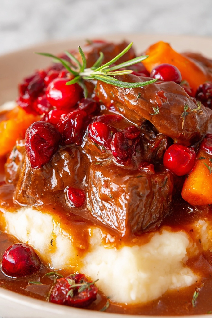 The image shows a close-up of a dish with three thick layers. The bottom layer is creamy mashed potatoes in white color, smooth in texture and slightly covered by sauce at the edges. The middle layer has large, tender brown meat pieces covered in a thick, glossy brown sauce with visible herbs and spices. The top layer consists of bright orange carrot chunks and small red cranberries scattered around, also coated with the shiny sauce. The background is a white marbled texture. photo taken with an iphone --ar 2:3 --v 7