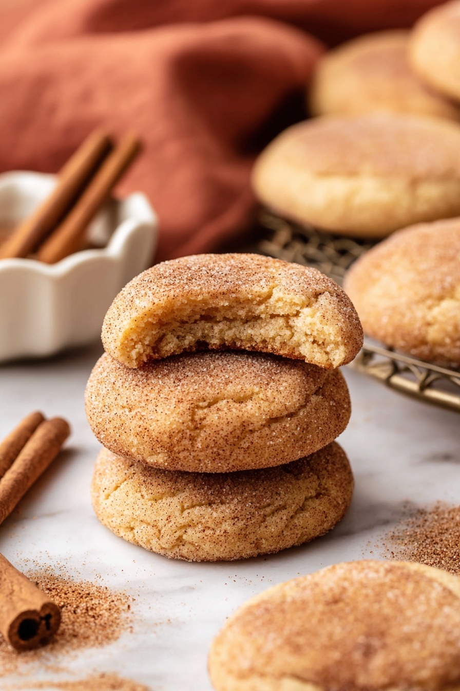 A stack of three soft cookies covered in cinnamon sugar is at the front, with the top cookie showing a bite taken out of it, revealing a light brown inside with a soft texture. The cookies are round with a slightly cracked surface and a powdery cinnamon sugar coating that gives them a sandy appearance. Behind the stack, more cookies are laid out on a white marbled surface, some resting on a wire cooling rack. To the left, several cinnamon sticks lie next to a white dish filled with cinnamon sugar and a cinnamon stick inside. The overall scene is warm-toned, highlighting the golden brown colors of the cookies and cinnamon. Photo taken with an iphone --ar 2:3 --v 7