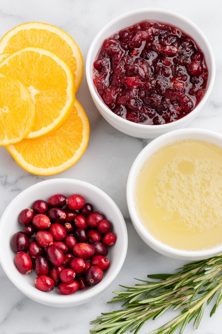 Flat lay of a sliced fresh orange arranged beside a small pile of bright red cranberries, a handful of glossy pomegranate seeds in a simple white ceramic bowl, another white bowl filled with vibrant cranberry juice, a small white ceramic bowl with deep orange-colored fresh orange juice, a white bowl holding rich ruby red pomegranate juice, a white bowl containing clear sparkling lemon-lime soda with bubbles visible, and a few fresh rosemary sprigs elegantly placed nearby, all ingredients fresh and natural, perfectly balanced and symmetrically arranged in a professional flat lay style placed on a clean white marble surface, soft natural light, photo taken with an iPhone, professional food photography style, fresh ingredients, white ceramic bowls, no bottles, no duplicates, no utensils, no packaging --ar 2:3 --v 7 --p m7354615311229779997