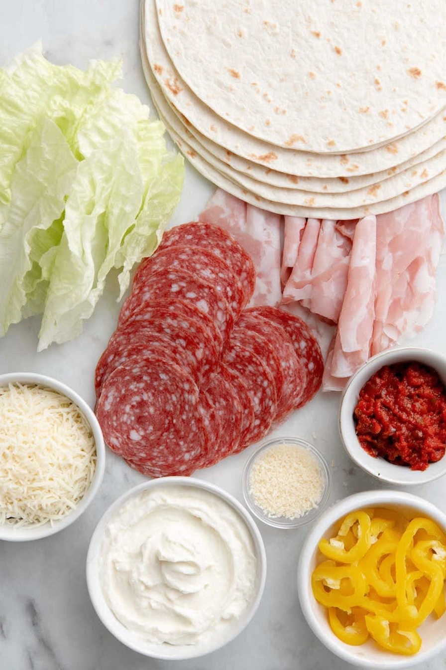 Flat lay of large flour tortillas, thin slices of Genoa salami arranged flat, a small stack of round pepperoni slices, neatly layered slices of provolone cheese, crisp green romaine lettuce leaves, a small white ceramic bowl filled with creamy softened cream cheese, a small white bowl with golden Italian bread crumbs, a small white bowl holding finely grated parmesan cheese, another small white bowl containing finely chopped bright red roasted sweet peppers, and a small white bowl with chopped yellow banana peppers, all placed on a clean white marble surface, soft natural light, photo taken with an iPhone, professional food photography style, fresh ingredients, white ceramic bowls, no bottles, no duplicates, no utensils, no packaging --ar 2:3 --v 7 --p m7354615311229779997
