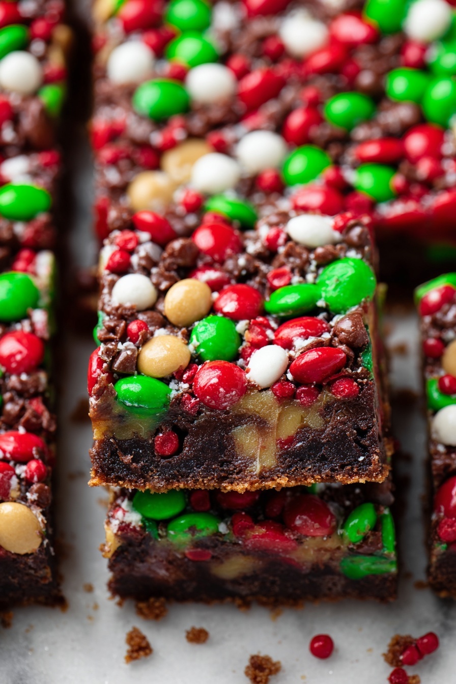 This image shows a close-up of a stack of colorful dessert bars arranged tightly together on a white marbled surface. Each bar has a thick, dark chocolate base with a rough texture. On top, there is a dense layer covered with small shiny candy pieces in bright red and green colors, along with white and tan round chocolates. The candy pieces are scattered unevenly but densely, making the top vibrant and festive. One piece in the center is slightly lifted, showing the gooey melted chocolate underneath and the soft texture of the base. Crumbs and small candy bits are scattered around the bars, adding to the texture detail. Photo taken with an iphone --ar 2:3 --v 7