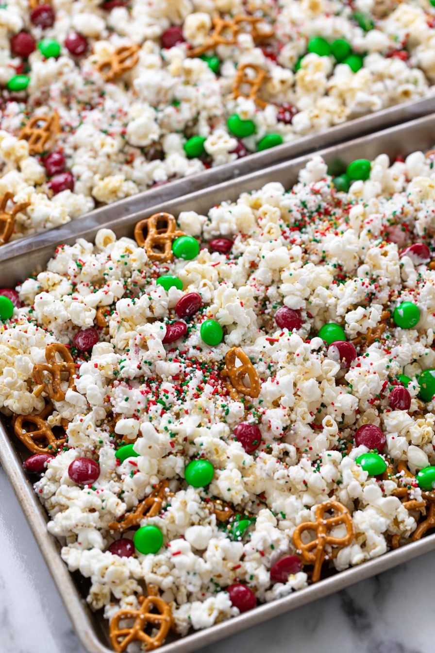 The image shows two large silver baking sheets filled with a festive popcorn mix. The mix has three main layers: a base of white fluffy popcorn, scattered twisted pretzels with a light brown color, and bright red and green candy-coated chocolates spread evenly throughout. Tiny red, green, and white round sprinkles are sprinkled on top, adding a speckled texture and color contrast. The baking sheets are on a white marbled surface. photo taken with an iphone --ar 2:3 --v 7