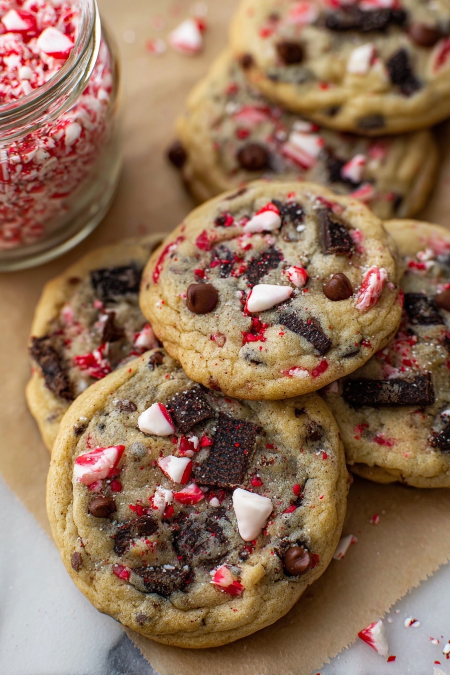 The image shows a close-up of several cookies on white baking paper inside a metal tray. The cookies are round and thick with a light golden brown color. They are filled with dark brown chocolate chunks, black cookie pieces, and small white and red bits that look like crushed candy. Three cookies are stacked on top of each other in the center, but each is cut in half showing the soft inside layer with the same mix of chocolate, cookie pieces, and candy bits. The background is a white marbled texture. photo taken with an iphone --ar 2:3 --v 7