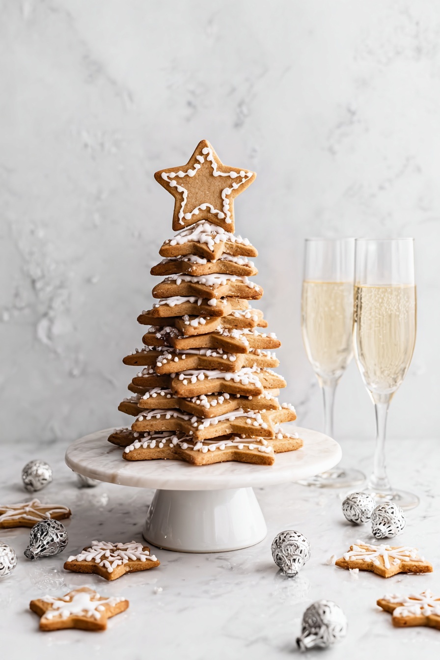 The image shows a tall stack of star-shaped cookies arranged like a Christmas tree on a white circular stand. The stack has about ten layers of cookies, each layer getting smaller as it goes up, with white icing dots decorating the edges. On top is a single large star cookie outlined with white icing. Surrounding the stack are smaller star cookies with different white icing patterns and some shiny silver jingle bells scattered on a white marbled surface. Behind the stack are two clear champagne glasses filled with a light sparkling drink. The background also has a white marbled texture. Photo taken with an iphone --ar 2:3 --v 7