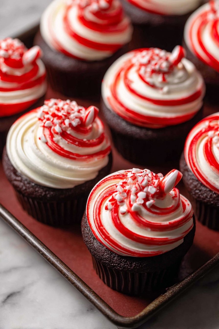 The image shows cupcakes with two main layers of frosting swirled together on top. The frosting is bright red and white, twisted in a spiral pattern that builds up height and texture. Each cupcake is decorated with small pieces of crushed candy and a small candy cane stick placed vertically in the center. The cupcakes are arranged closely on a dark surface contrasting with the bright frosting but the background is changed to a white marbled texture. photo taken with an iphone --ar 2:3 --v 7