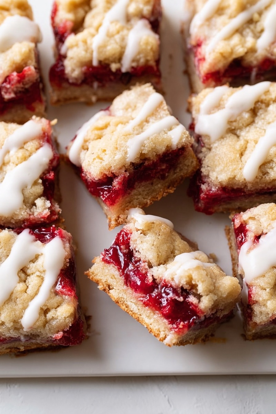 The image shows several square pieces of crumbly dessert bars arranged closely together on a white marbled surface. Each bar has two main layers: a bottom layer of bright red fruit filling that looks juicy and slightly chunky, and a thick top layer of light golden crumbly dough. The dough is uneven and textured, with some cracks revealing the red filling underneath. White icing is drizzled on top of each square in thin, smooth lines, adding a glossy contrast. The bars look fresh with a rough but soft texture, inviting to bite. Photo taken with an iphone --ar 2:3 --v 7