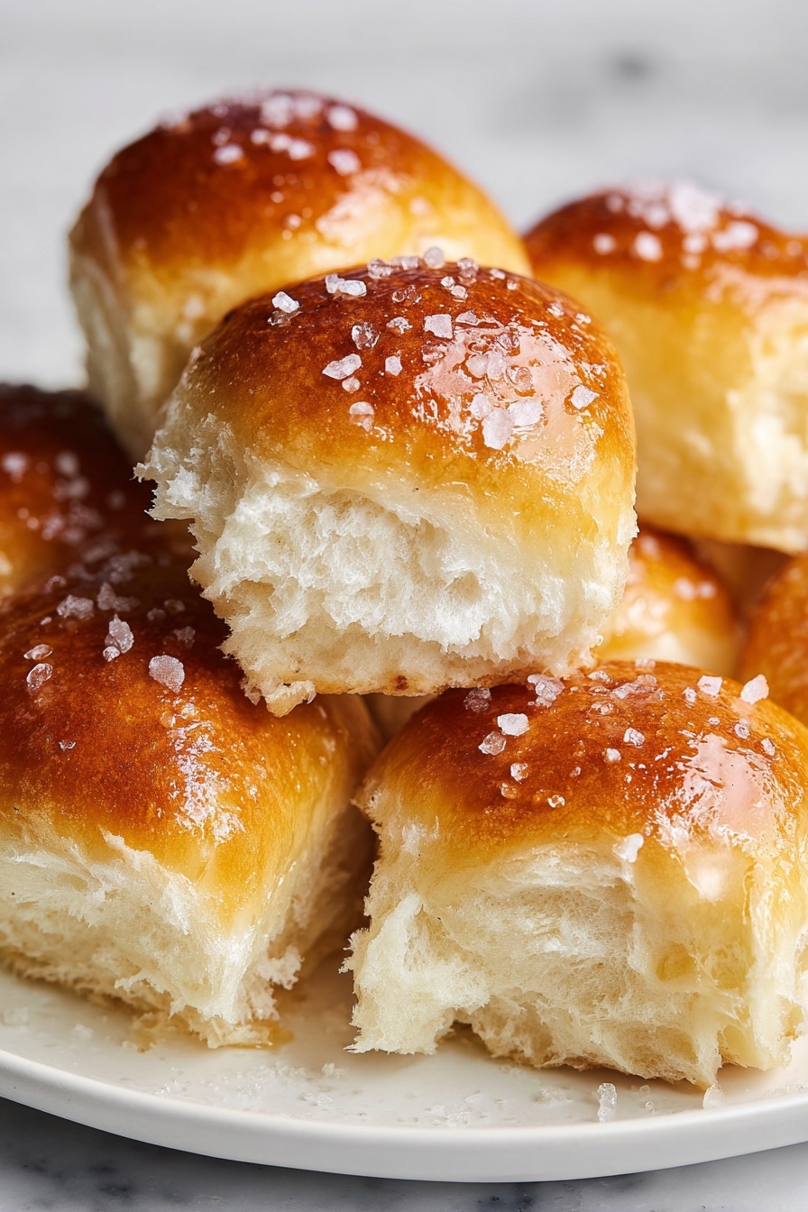 The image shows a white baking pan with twelve golden brown bread rolls arranged in a 4 by 3 grid. Each roll has a shiny, smooth surface with a rich brown top and lighter golden sides, giving them a soft and fluffy look. Some coarse salt flakes are sprinkled on top of the rolls, adding texture and contrast. A woman's hand is seen sprinkling the salt over the bread, while another woman's hand holds a bowl filled with more white salt. The pan is placed on a black cooling rack over a white marbled surface, which adds a clean and bright background to the scene. Photo taken with an iphone --ar 2:3 --v 7