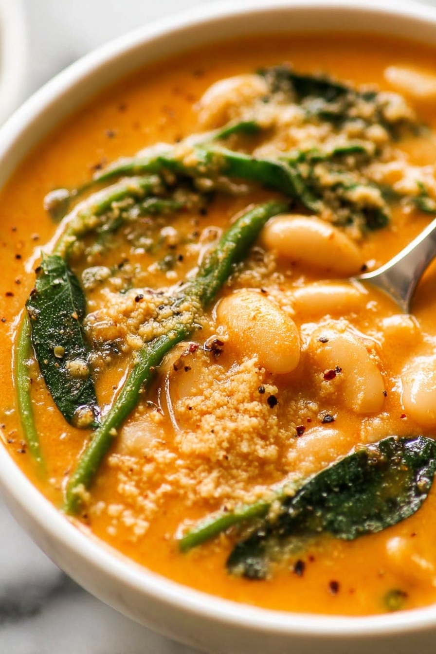 This is a close-up image of a rich, creamy soup in a white bowl. The soup has a smooth, glossy orange color with a thick texture. There are white beans floating in the soup, along with some long green leafy stems and leaves scattered on top. The surface of the soup is sprinkled with small bits of a light tan crumbly topping, and a few black pepper flakes are visible. A spoon is partially visible, resting in the soup near the right edge of the bowl. The background shows a soft-focus white marbled texture. Photo taken with an iphone --ar 2:3 --v 7