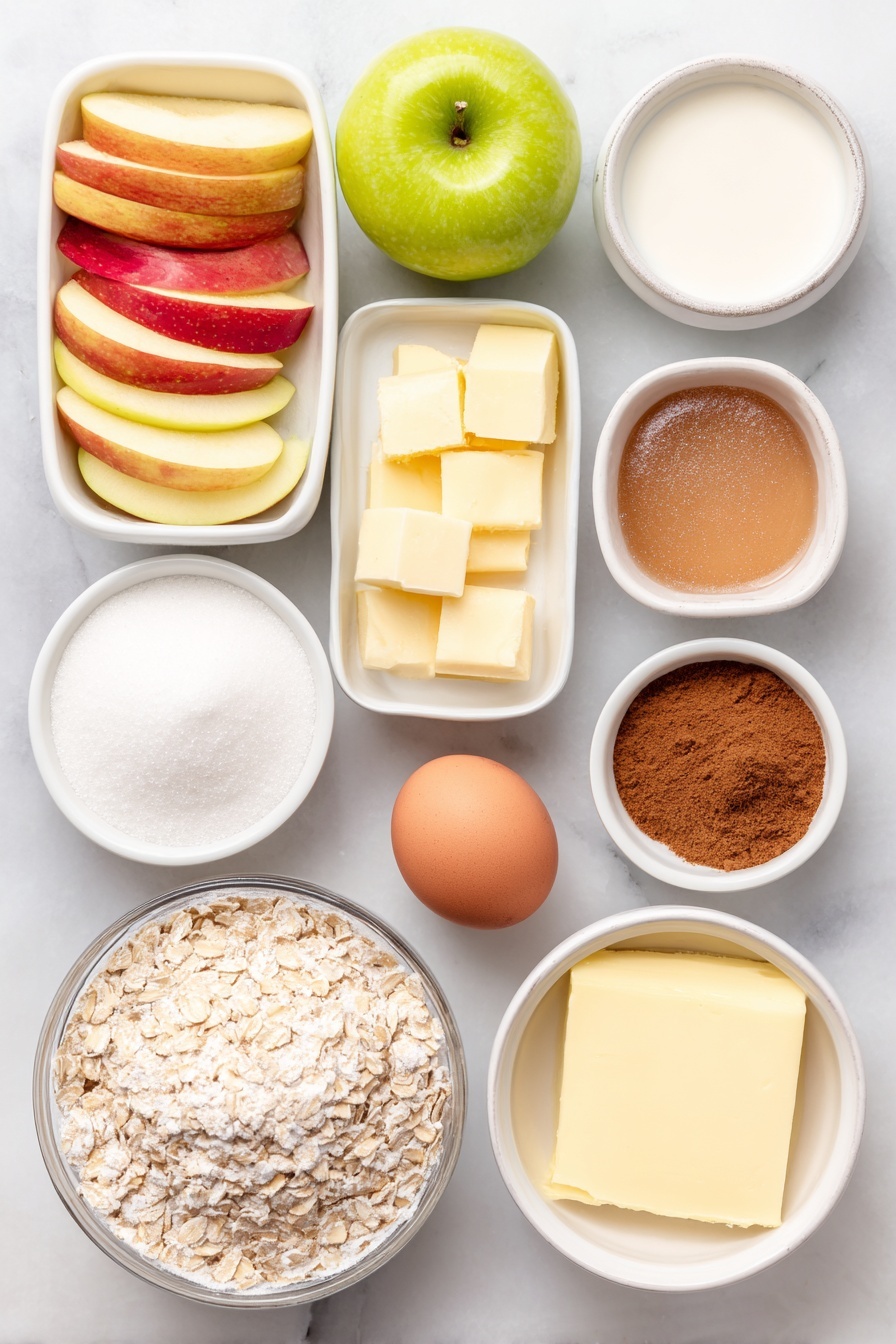 Flat lay of a small pile of thinly sliced Granny Smith apples with bright green skin, thinly sliced Braeburn apples showing red and yellow hues, thinly sliced Golden Delicious apples with warm golden-yellow tones, a small white ceramic bowl of granulated sugar sparkling white, a small white ceramic bowl of packed light brown sugar with a moist, caramel color, a small white ceramic bowl of quick oats with pale beige flakes, a small white ceramic bowl of all-purpose flour fine and white, a small white ceramic bowl of ground cinnamon warm brown powder, a small white ceramic bowl of ground nutmeg light brown powder, a few small cubes of chilled unsalted butter pale yellow and smooth, a small white ceramic bowl with fresh lemon juice bright yellow, a whole uncracked brown egg with a smooth clean shell, a small white ceramic bowl of powdered sugar snowy white, a small white ceramic bowl of half and half creamy white liquid, all arranged symmetrically and balanced on a clean white marble surface, soft natural light, photo taken with an iPhone, professional food photography style, fresh ingredients, white ceramic bowls, no bottles, no duplicates, no utensils, no packaging --ar 2:3 --v 7 --p m7354615311229779997