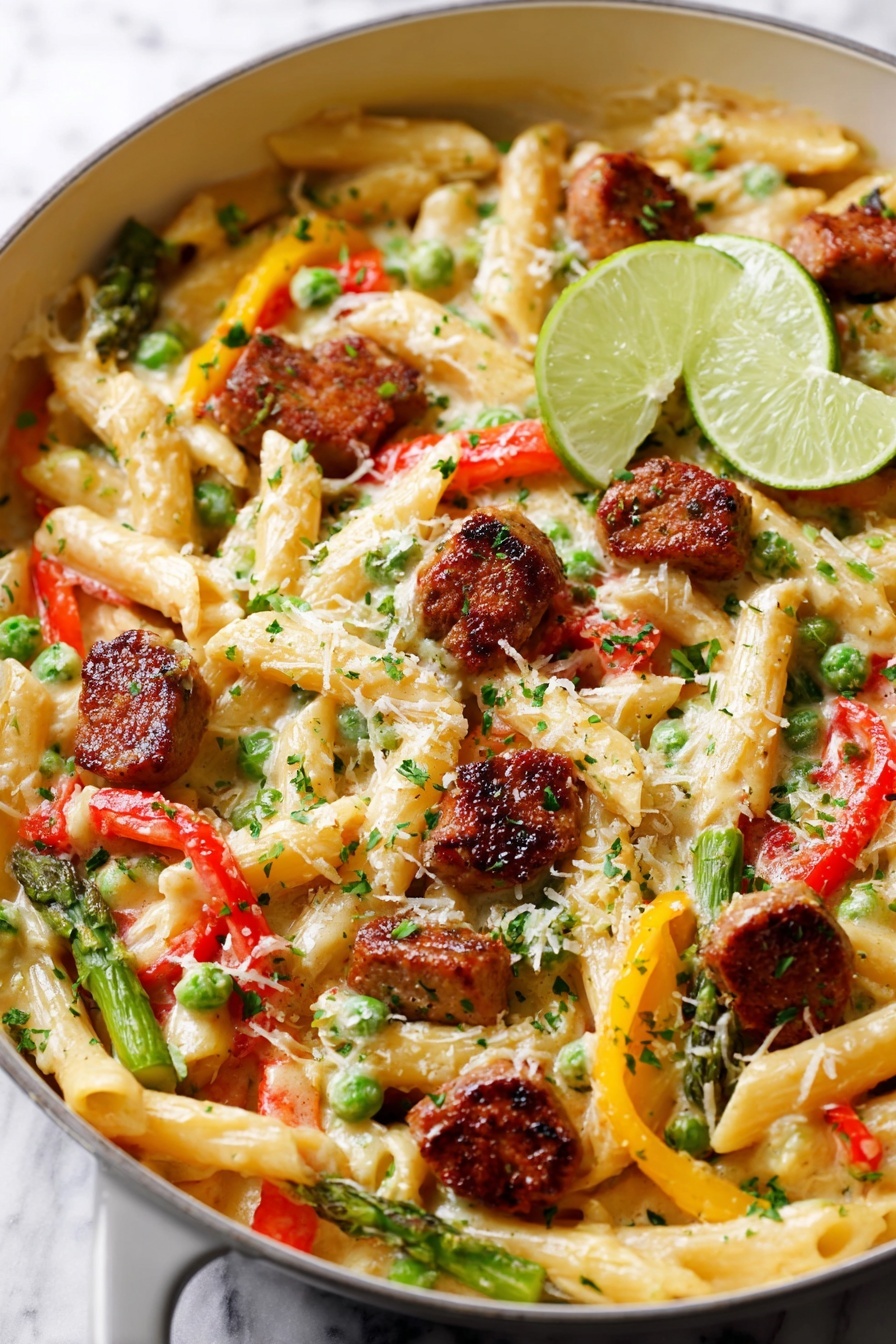 This image shows a close-up of a large white pan filled with creamy penne pasta mixed with green peas, sliced red and yellow bell peppers, and small green asparagus pieces. On top, there are several browned, crispy pieces of meat-like chunks evenly spread across the pasta. The dish is sprinkled with grated cheese and finely chopped green herbs, adding texture and color. Two lime wedges sit on the edge of the pan, adding a fresh green touch. The background is a white marbled surface. Photo taken with an iphone --ar 2:3 --v 7