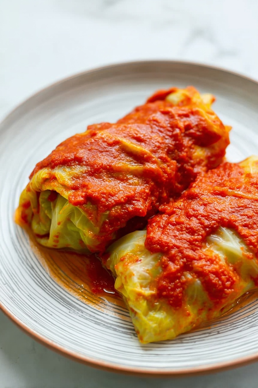 A close-up of a stuffed cabbage roll with three visible layers: the outer layer is soft yellow cabbage leaves wrapped around, the middle layer is light brown cooked ground meat filling with a grainy texture, and the top layer is a red tomato sauce coating some parts of the cabbage roll. The cabbage roll sits on a white plate with a light brown sauce spread around it. In the background, a glass baking dish holds similar stuffed cabbage rolls on a white marbled surface. The photo taken with an iphone --ar 2:3 --v 7