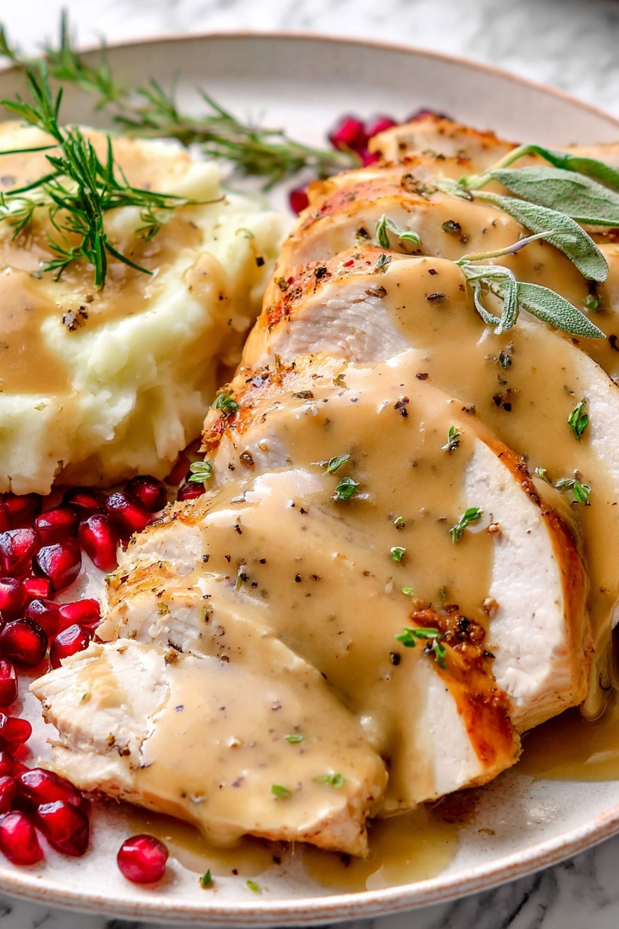 The image shows a white plate with sliced cooked turkey arranged in layers, covered in a thick, smooth, light brown gravy with specks of black pepper. On the left, there is a scoop of mashed potatoes also topped with the same gravy. Around the edges of the plate, there are a few sprigs of fresh green herbs and bright red pomegranate seeds scattered for decoration. The background is a white marbled surface photo taken with an iphone --ar 2:3 --v 7