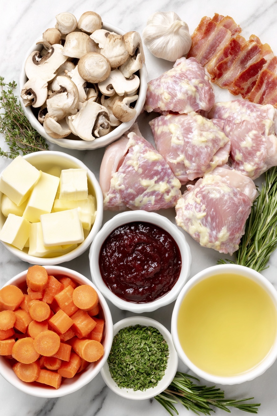 Flat lay of six uncooked chicken thighs with skin, six slices of raw streaky bacon, a pile of thickly sliced cremini mushrooms, a medium diced yellow onion, four whole uncracked garlic cloves, a small white bowl with bright red tomato paste, a small white bowl filled with dark red dry red wine, a small white bowl with pale golden chicken broth, three medium peeled and chopped carrots, a few sprigs of fresh green thyme, a few sprigs of fresh rosemary, a small white bowl of unsalted butter, a small white bowl of pale beige flour, and a small heap of chopped fresh green parsley placed on a clean white marble surface, soft natural light, photo taken with an iPhone, professional food photography style, fresh ingredients, white ceramic bowls, no bottles, no duplicates, no utensils, no packaging --ar 2:3 --v 7 --p m7354615311229779997