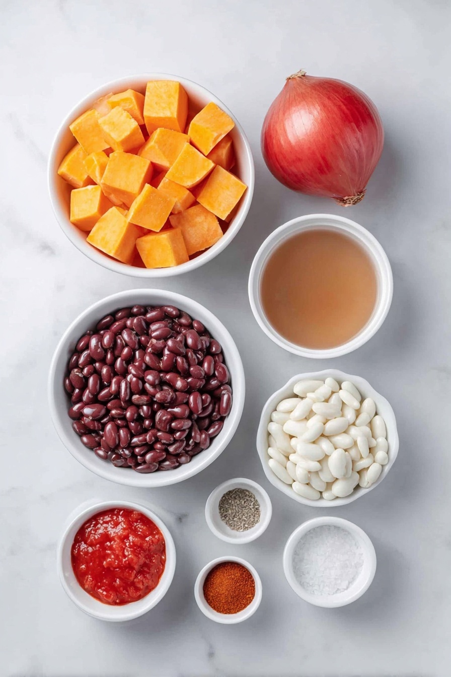 Flat lay of peeled and diced butternut squash cubes, one whole yellow onion, one whole red bell pepper, five whole garlic cloves, small white bowls with diced tomatoes, tomato paste, drained black beans, drained cannellini beans, low-sodium vegetable broth, rinsed farro grains, and separate small white bowls each containing chili powder, ground cinnamon, ground cumin, salt, and black pepper arranged symmetrically, all placed on a clean white marble surface, soft natural light, photo taken with an iPhone, professional food photography style, fresh ingredients, white ceramic bowls, no bottles, no duplicates, no utensils, no packaging --ar 2:3 --v 7 --p m7354615311229779997