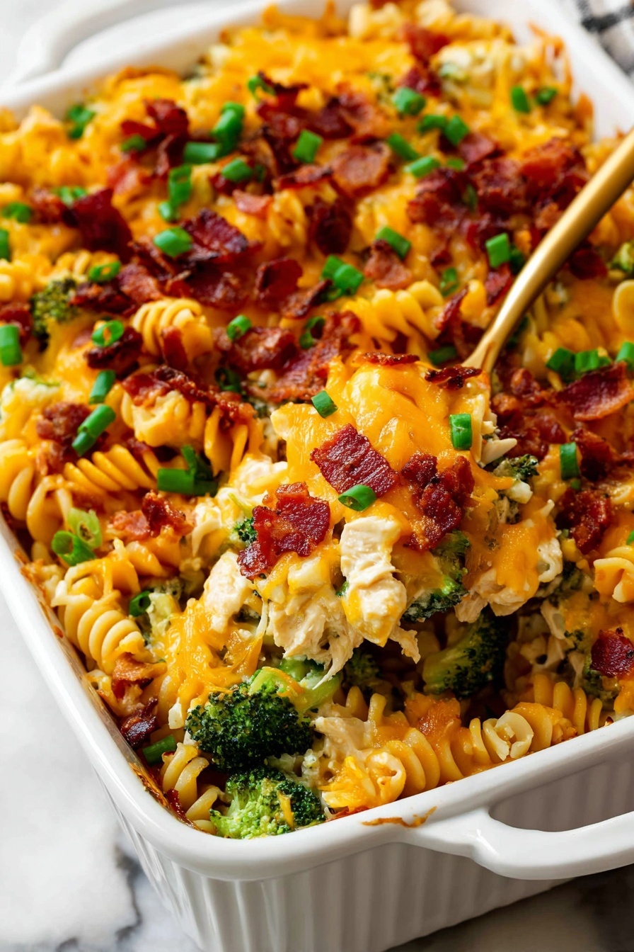 A white speckled bowl filled with a colorful pasta dish is shown from above, containing three main layers. The bottom layer is spiral pasta with a pale yellow color. The middle layer consists of small broccoli florets, red bell pepper pieces, and melted yellow cheddar cheese that coats parts of the pasta. The top layer is garnished with crispy brown bacon bits and chopped green onions scattered all over. A silver fork is resting on the side of the bowl, partially buried in the pasta. The bowl sits on a white marbled surface. photo taken with an iphone --ar 2:3 --v 7