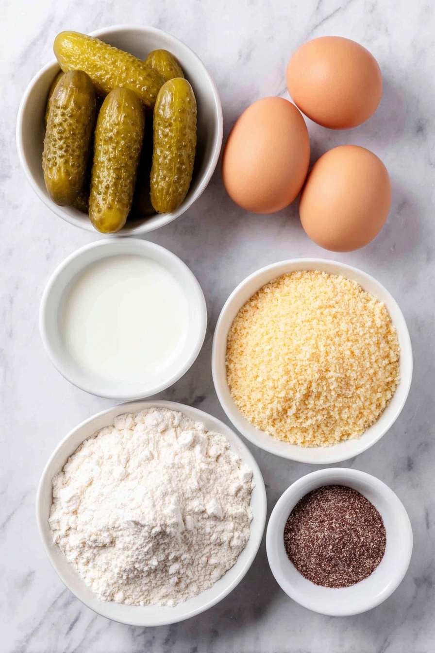 Flat lay of six fresh dill pickles quartered, a small mound of golden panko breadcrumbs in a simple white ceramic bowl, a small white bowl filled with all-purpose flour, a small white bowl holding milk, two whole uncracked brown eggs, a small white bowl containing coarse Montreal steak seasoning, all arranged symmetrically and balanced, placed on a clean white marble surface, soft natural light, photo taken with an iPhone, professional food photography style, fresh ingredients, white ceramic bowls, no bottles, no duplicates, no utensils, no packaging --ar 2:3 --v 7 --p m7354615311229779997