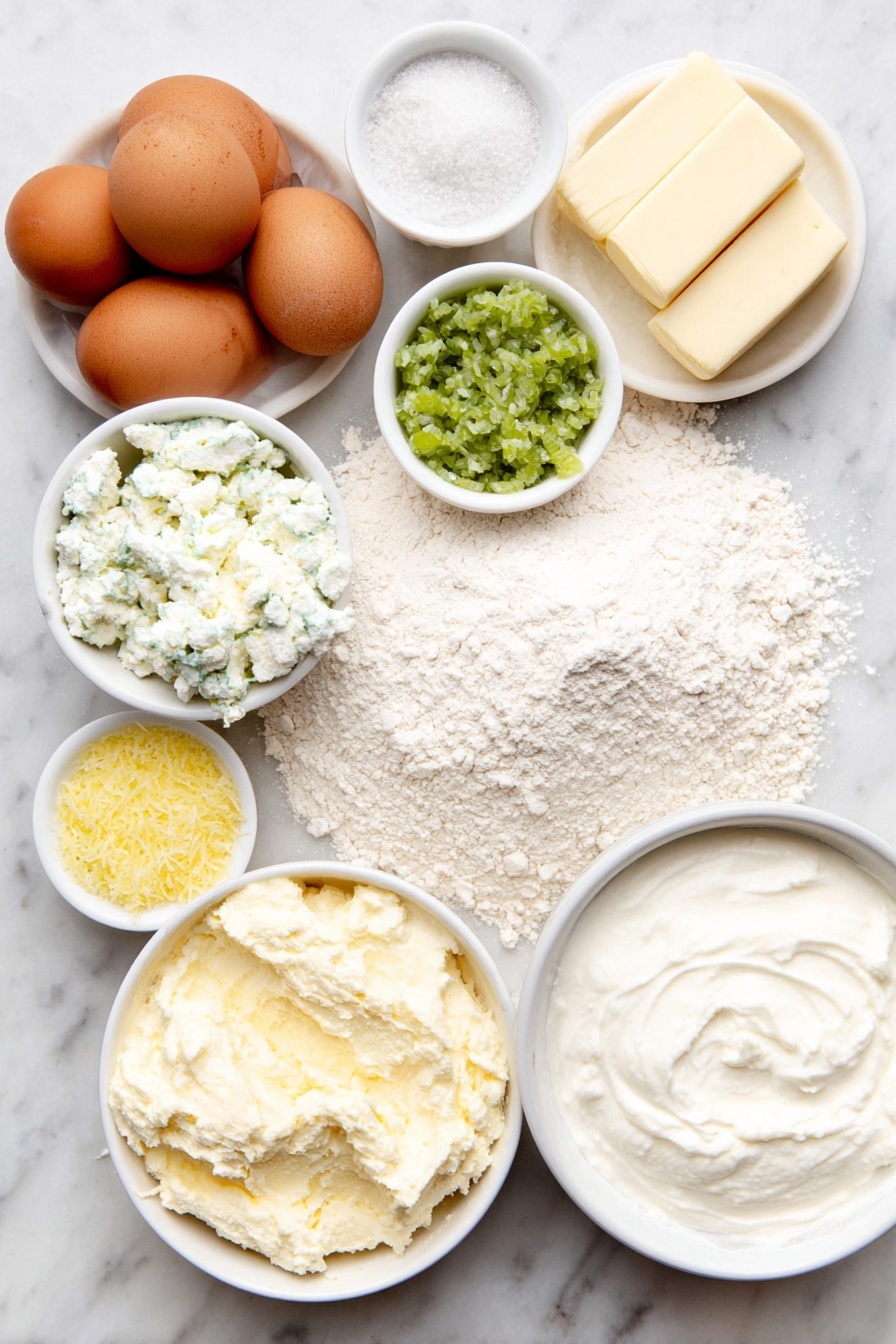 Flat lay of a small mound of pale all-purpose flour, a neat pile of clean white granulated sugar crystals, three whole brown eggs with smooth uncracked shells, a few small sticks of softened unsalted butter, a small white ceramic bowl of thick sour cream, a small white ceramic bowl of whole milk, a small white ceramic bowl containing pale green dill pickle brine, a handful of finely chopped sweet dill pickles with moist texture, a small white ceramic bowl of softened cream cheese, a small white ceramic bowl of powdered sugar, a small white ceramic bowl with bright yellow lemon zest, and a few fresh green dill sprigs arranged symmetrically around the center—all placed on a clean white marble surface, soft natural light, photo taken with an iPhone, professional food photography style, fresh ingredients, white ceramic bowls, no bottles, no duplicates, no utensils, no packaging --ar 2:3 --v 7 --p m7354615311229779997