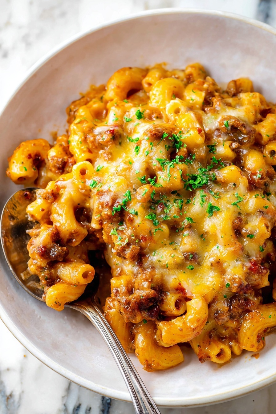 The dish shows one layer of cooked pasta mixed with a thick sauce that looks orange and brown, with some browned bits visible throughout. The pasta is covered with a melted yellow-orange cheese that looks stretchy and bubbly in places. Small bits of browned meat or similar ingredient are mixed in with the pasta and cheese. Green chopped herbs are sprinkled on top as a garnish. The food is served in a white bowl, and a silver spoon rests on the edge, partly under the pasta. The background is a white marbled texture. Photo taken with an iphone --ar 2:3 --v 7