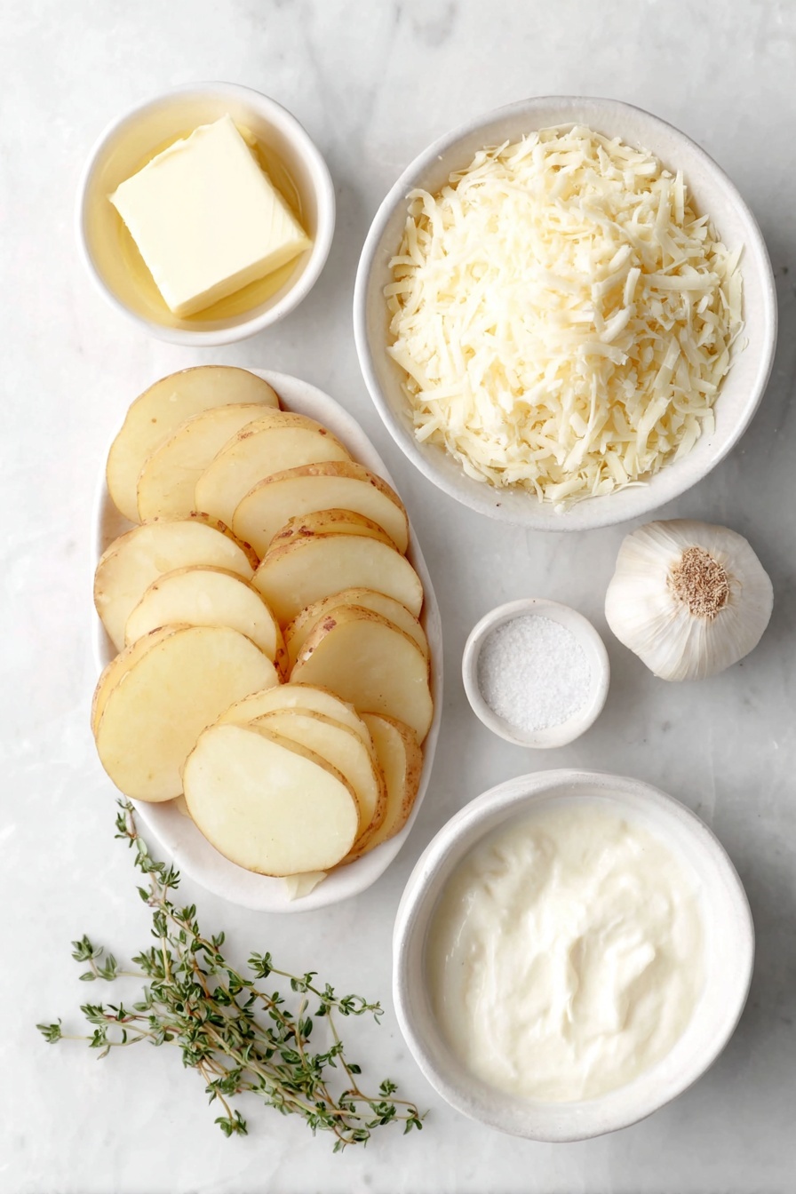 Flat lay of thinly sliced russet potatoes arranged in a neat fan shape, three whole uncracked garlic cloves, a small white ceramic bowl of melted butter, a small white ceramic bowl filled with heavy cream, a few fresh thyme sprigs scattered delicately, grated Gruyere cheese heaped in a white ceramic bowl, and two small white ceramic bowls containing salt and black pepper placed symmetrically, all placed on a clean white marble surface, soft natural light, photo taken with an iPhone, professional food photography style, fresh ingredients, white ceramic bowls, no bottles, no duplicates, no utensils, no packaging --ar 2:3 --v 7 --p m7354615311229779997