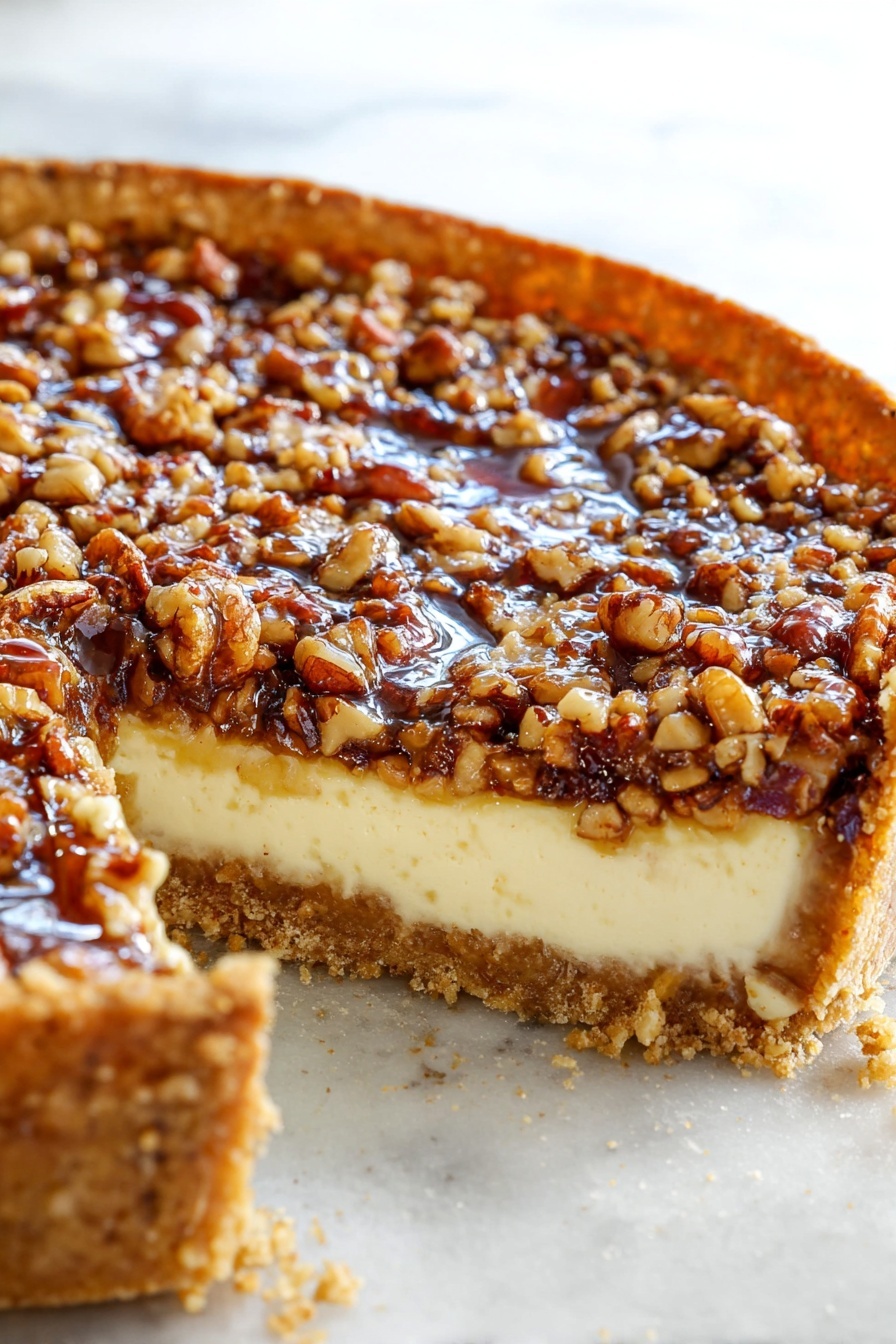 A round pecan tart with three visible layers sits on a white marbled surface: the bottom crust is golden brown and crumbly, the middle layer is smooth and light tan, and the top layer is made of shiny caramelized pecan nuts that are rich brown with lighter bits mixed in. One slice is removed, showing the clear separation of layers and some crumbs scattered on the white plate beneath. A gold pie server is in the background, and whole pecan nuts are scattered around the plate. photo taken with an iphone --ar 2:3 --v 7