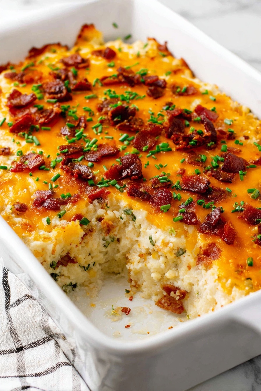 A white baking dish holds a cheesy potato casserole. The top layer is golden-orange melted cheese mixed with small, dark red crispy bacon bits and sprinkled green herbs. Below the cheese is a thick layer of creamy mashed potatoes with bits of green herbs and more bacon pieces mixed inside. A shiny gold spoon is scooping out a round section, showing the soft, chunky potato filling underneath. The dish sits on a white marbled surface. Photo taken with an iphone --ar 2:3 --v 7