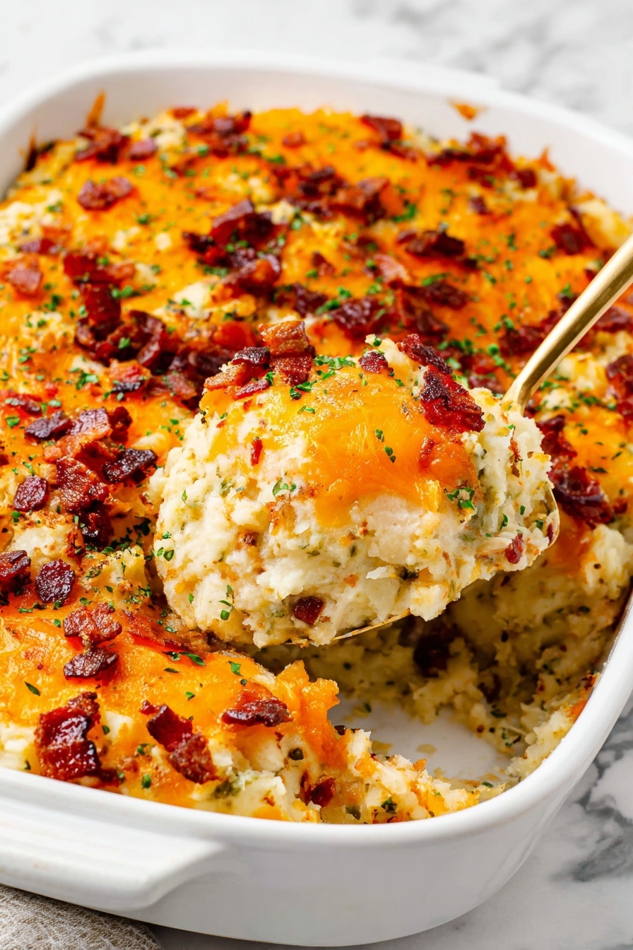 A white rectangular baking dish holds a layered casserole with two visible layers. The bottom layer is a creamy mixture with a slightly rough, moist texture containing pieces of herbs and small bits of ingredients. The top layer is smooth, melted orange cheese covering the casserole evenly. Scattered on top are small, dark red crispy bacon pieces and bright green chopped herbs, giving a fresh look. One corner of the casserole is scooped out, showing the inside layers and soft texture. The dish sits on a white marbled surface with a checkered cloth partly visible. Photo taken with an iphone --ar 2:3 --v 7
