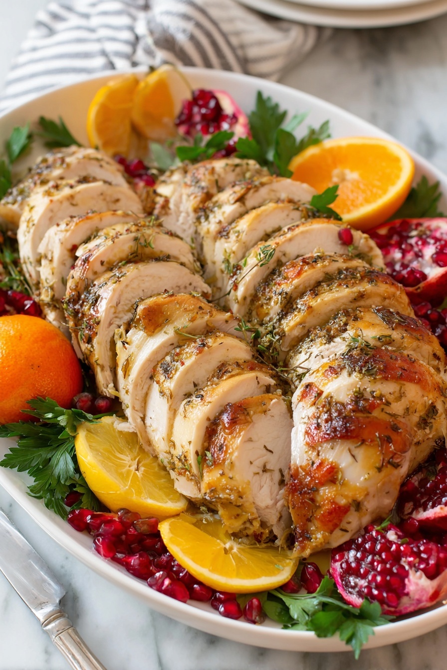 A white plate holds two rows of thick slices of golden-brown roasted chicken with visible herbs and seasoning on top, showing juicy, light pink interior. The chicken is surrounded by green parsley leaves and bright red pomegranate seeds scattered on the edges. Around the chicken are colorful fruit pieces: orange mandarins, deep red pomegranate halves, and yellow lemon wedges, adding vibrant colors and freshness to the plate. The plate is placed on a white marbled surface with a striped cloth partially visible in the background. A silver knife with a white handle lies near the plate. Photo taken with an iphone --ar 2:3 --v 7