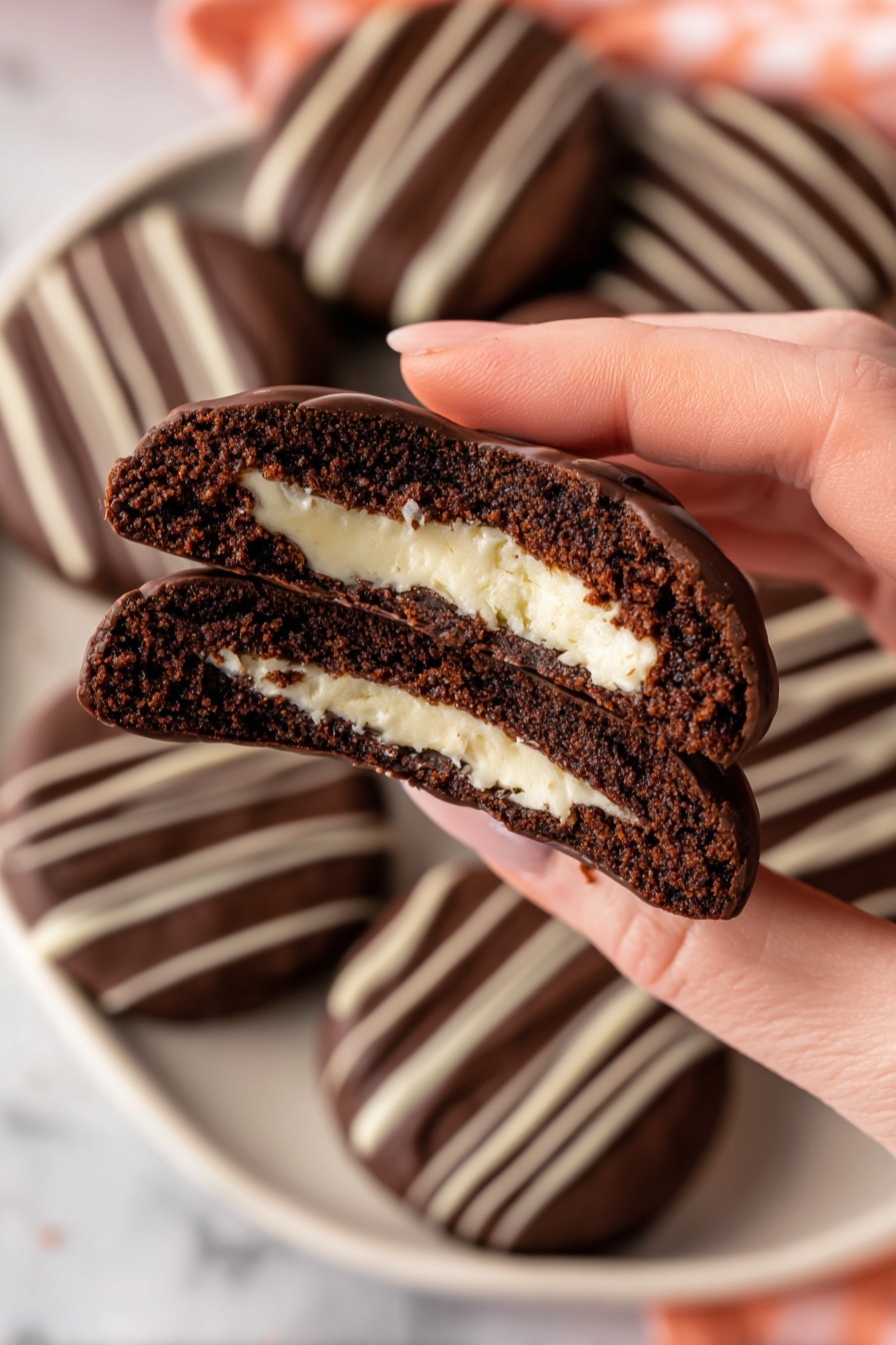 A close-up image of a woman's hand holding a halved dark chocolate sandwich cookie with a white cream layer in the center. The cookie has two thick, soft textured chocolate layers with a smooth white cream filling running evenly in the middle. The top of the cookie is coated with a thin layer of glossy dark chocolate. In the blurred background, whole similar cookies with chocolate drizzle are placed on a white marbled surface. The photo taken with an iphone --ar 2:3 --v 7