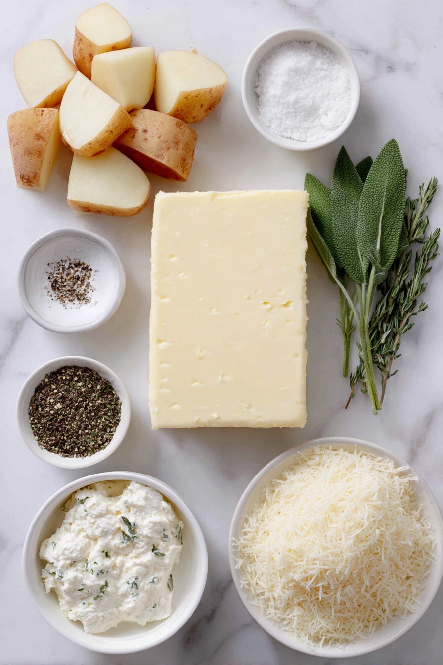 Flat lay of peeled russet potatoes cut into cubes, a small white bowl of coarse salt, a white ceramic dish holding a block of golden salted butter, fresh whole sage leaves arranged next to a few sprigs of fresh thyme, a wedge of creamy garlic and fine herbs Boursin cheese on a white plate, a small white bowl filled with heavy cream, a heap of finely grated Parmesan cheese on a white dish, a small white bowl with ground black pepper, all ingredients naturally fresh and unprocessed, perfectly balanced and symmetrical in layout, placed on a clean white marble surface, soft natural light, photo taken with an iPhone, professional food photography style, fresh ingredients, white ceramic bowls, no bottles, no duplicates, no utensils, no packaging --ar 2:3 --v 7 --p m7354615311229779997
