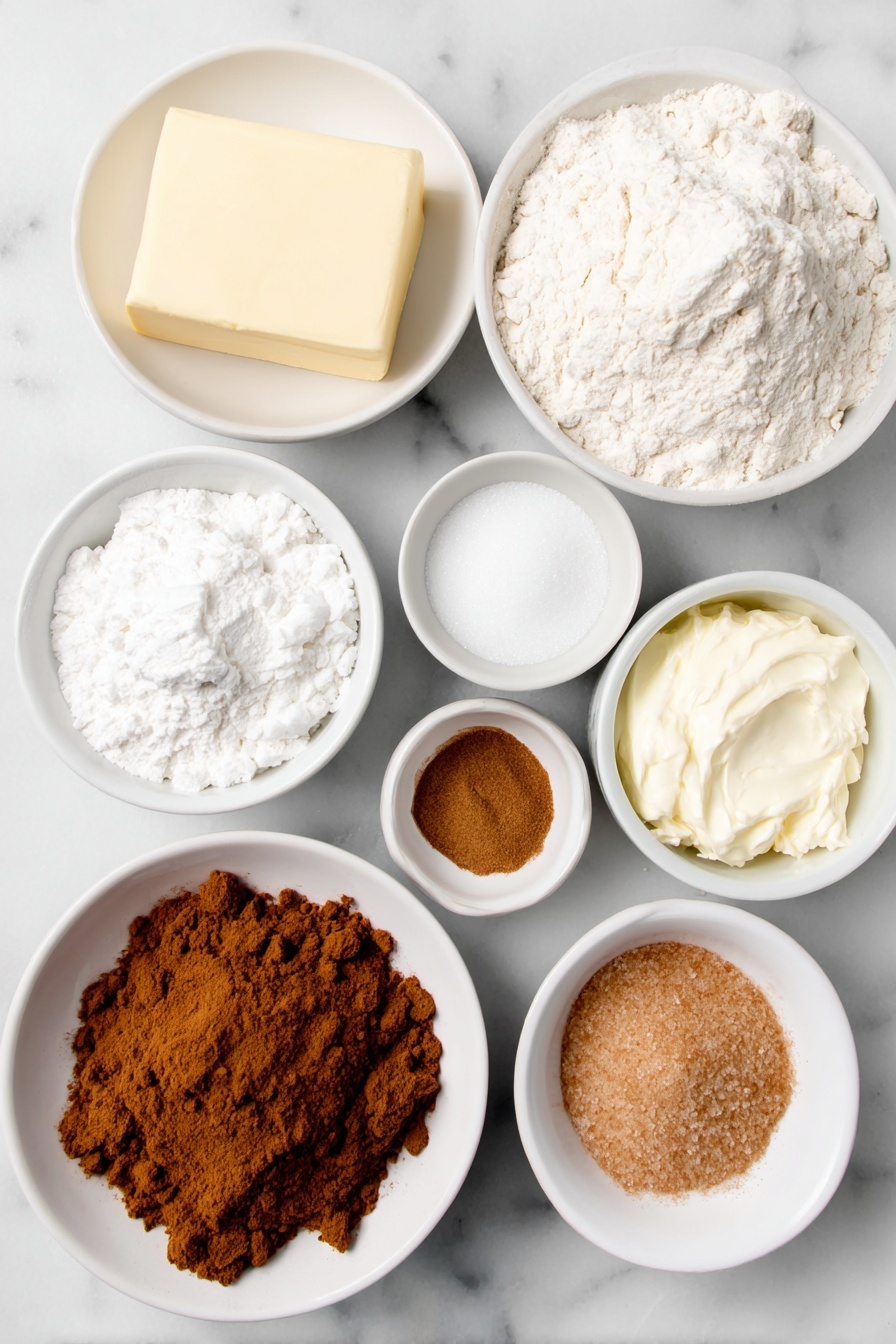 Flat lay of a large mound of all-purpose flour, a small bowl of powdered milk, a small bowl of cream of tartar, a small bowl of baking soda, a stick of salted butter softened with a pale yellow hue, a small bowl of granulated sugar, a small bowl of packed light brown sugar, a pinch of kosher salt crystals, two whole large eggs with clean shells, a small white bowl of clear vanilla extract, a small white bowl filled with granulated sugar mixed with ground cinnamon in warm brown tones, all arranged in perfect symmetry on simple white ceramic bowls, placed on a clean white marble surface, soft natural light, photo taken with an iPhone, professional food photography style, fresh ingredients, white ceramic bowls, no bottles, no duplicates, no utensils, no packaging --ar 2:3 --v 7 --p m7354615311229779997