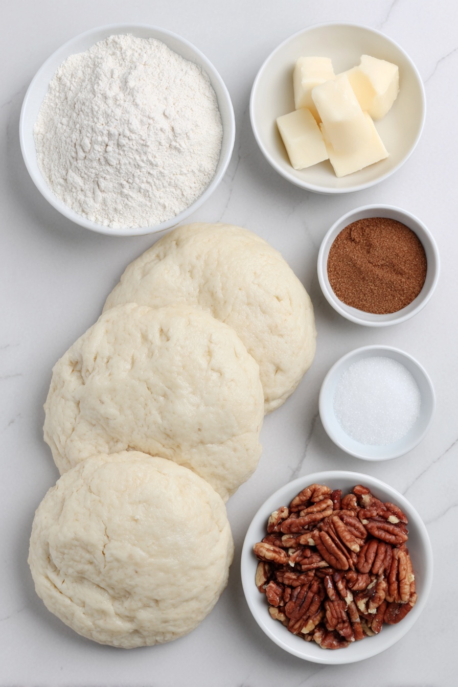 Flat lay of two stacks of fluffy buttermilk biscuit dough rounds, a small white ceramic bowl of granulated sugar, a small white ceramic bowl of ground cinnamon, a small white ceramic bowl of ground cardamom, a small white ceramic bowl of chopped pecans, a few tablespoons of unsalted butter pieces, a small white ceramic bowl of packed light brown sugar, a small white ceramic bowl of salt, a small white ceramic bowl of vanilla extract, placed on a clean white marble surface, soft natural light, photo taken with an iPhone, professional food photography style, fresh ingredients, white ceramic bowls, no bottles, no duplicates, no utensils, no packaging --ar 2:3 --v 7 --p m7354615311229779997