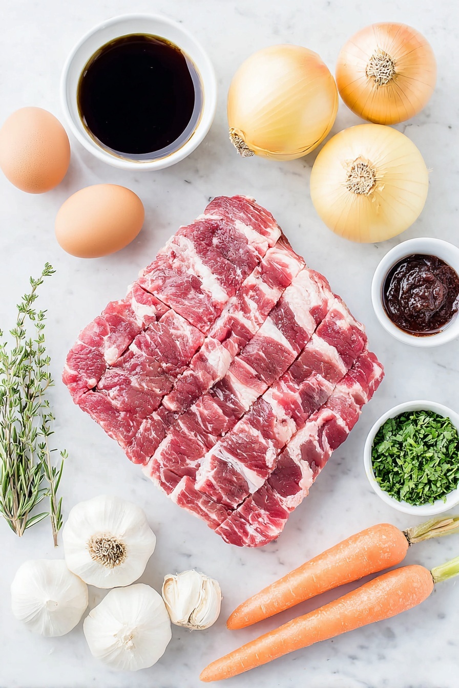 Flat lay of six slices of uncooked bacon cut into pieces, a large piece of raw beef short rib with marbled fat, two whole uncracked brown eggs, two medium whole yellow onions with papery skins, three large fresh orange carrots with green tops, six whole garlic cloves, a small white ceramic bowl filled with rich red wine, a small white ceramic bowl with dark tomato paste, a small white ceramic bowl of deep brown beef broth, two fresh thyme sprigs, two fresh rosemary sprigs, and a small white ceramic bowl of finely chopped bright green parsley placed on a clean white marble surface, soft natural light, photo taken with an iPhone, professional food photography style, fresh ingredients, white ceramic bowls, no bottles, no duplicates, no utensils, no packaging --ar 2:3 --v 7 --p m7354615311229779997