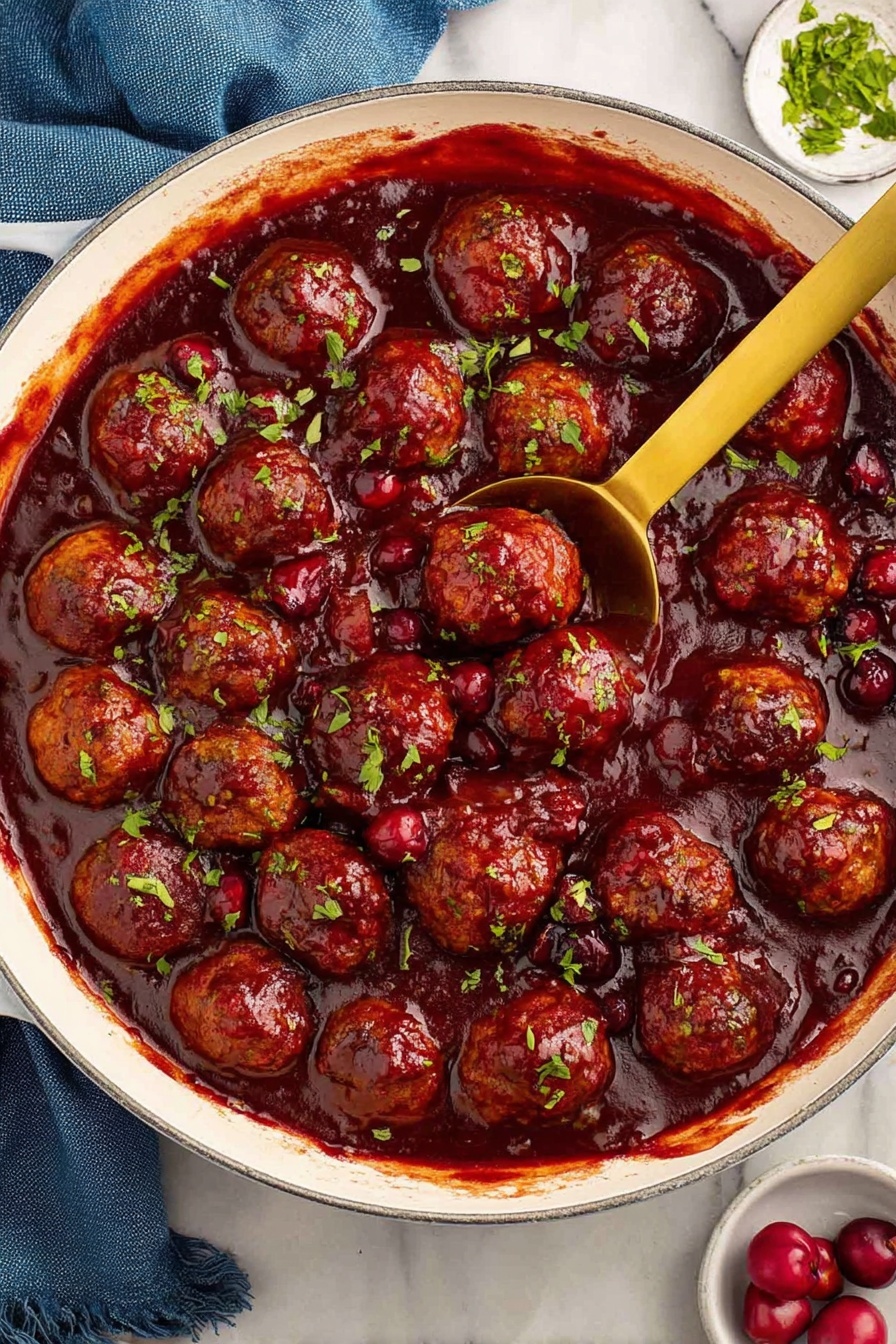 A white round pan filled with many meatballs covered in thick dark red sauce with a shiny texture, garnished with small pieces of green herbs scattered on top. A golden spoon is partially dipped in the sauce, lifting some meatballs. Around the pan, there are a few red cherries on a white marbled surface, with a blue cloth on the left side. photo taken with an iphone --ar 2:3 --v 7