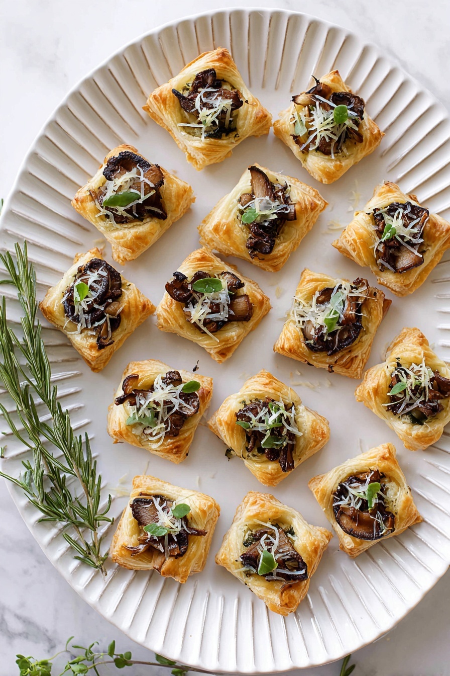 There are 17 small puff pastry squares placed on a large white, ridged ceramic plate sitting on a white marbled surface. Each puff pastry has a golden-brown flaky base layer, topped with a dark brown layer of cooked mushrooms, a sprinkle of shredded cheese, and small green herb leaves on top. A small bunch of fresh rosemary lies on the plate to the left side. The pastries are arranged loosely in rows but not perfectly aligned. photo taken with an iphone --ar 2:3 --v 7