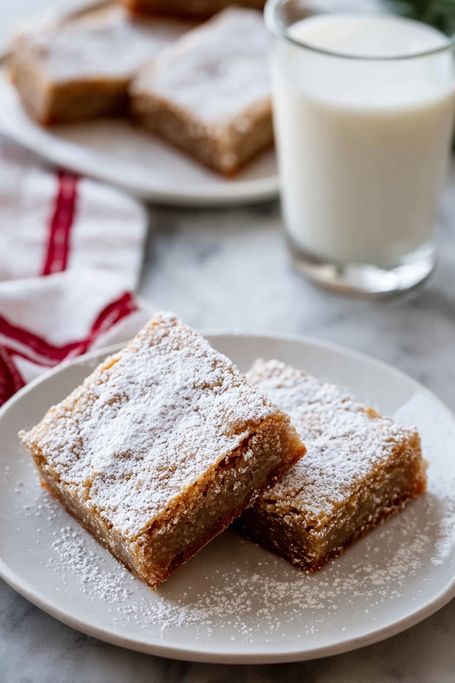 Three brown bar-shaped dessert pieces are stacked on a white marbled surface. Each piece has a slightly crumbly texture with visible soft crumbs inside. The top layer of each bar is dusted with white powdered sugar, creating a light, uneven coating. The bars have rough edges that show their soft interior, and the background is blurred out in dark brown shades. Photo taken with an iphone --ar 2:3 --v 7