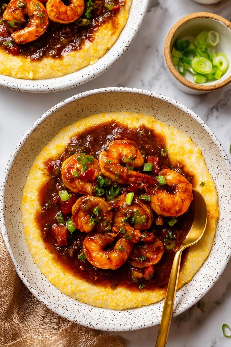 This dish shows a white shallow bowl filled with two main layers. The bottom layer is creamy, bright yellow with a smooth and slightly lumpy texture, spread evenly across the bowl. On top sits a generous pile of medium-sized shrimp, cooked to a deep orange-brown color with visible seasoning that adds a glossy, slightly oily shine. Mixed in with the shrimp are small pieces of red and green bell peppers, along with finely sliced green herbs, all coated in a thick, dark reddish-brown sauce that looks rich and flavorful. The white marbled surface underneath the bowl adds a clean contrast. photo taken with an iphone --ar 2:3 --v 7