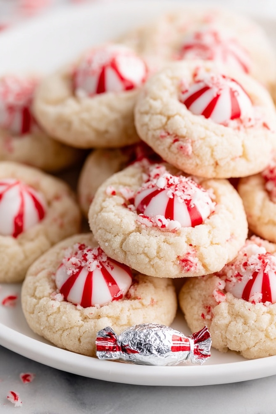 The image shows many round cookies on a metal cooling rack over a white marbled surface. Each cookie has a light, sandy texture with tiny cracks. They have bits of red mixed inside the dough, adding small splashes of color. In the center of every cookie is a round white and red striped candy, pressed slightly into the dough. Scattered among the cookies are a few wrapped candies with silver and red foil. The setup looks bright and festive. photo taken with an iphone --ar 2:3 --v 7