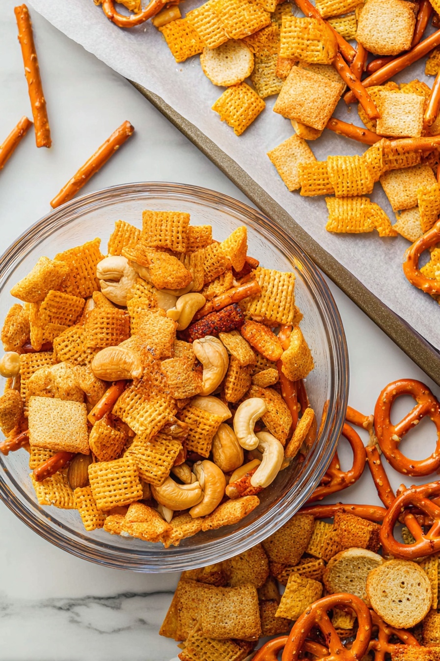 The image shows a clear glass bowl filled with a mix of snack foods including golden-yellow square cereal pieces, light brown cashews, long orange pretzel sticks, and round, toasted bread slices with a crunchy texture, all mixed together. Beside the bowl, there is a white parchment paper-covered tray spread with more of the same snacks, arranged loosely and spread out. The background features a white marbled surface, adding a clean and bright look to the scene. The colors are warm with shades of yellow, orange, and light brown, and the snack mix looks crisp and crunchy. Photo taken with an iphone --ar 2:3 --v 7