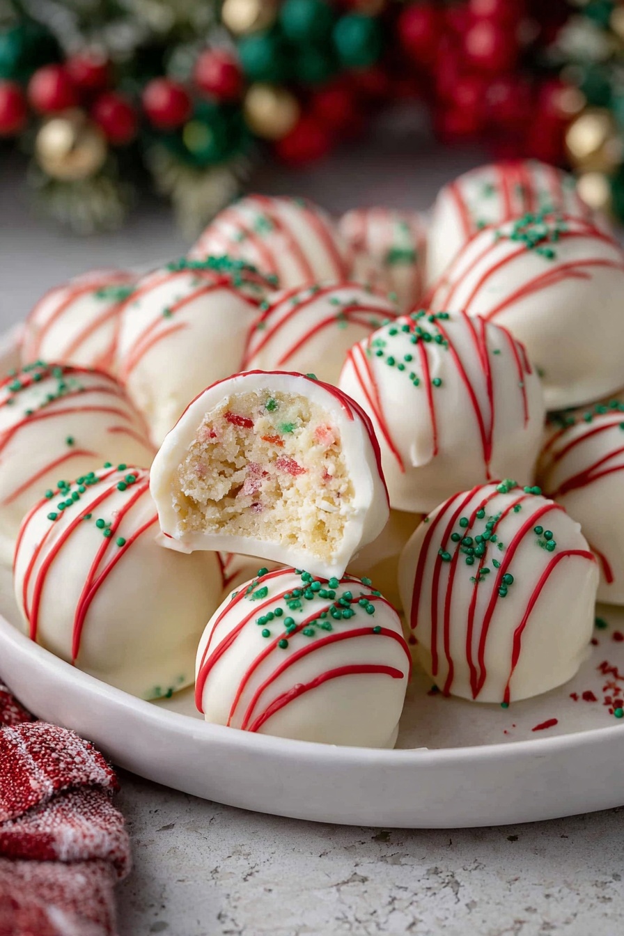 A white round plate filled with white chocolate balls covered in smooth white chocolate, each decorated with thin red icing stripes and small green sprinkles on top. One ball is cut open, showing a textured inside with bits of red and green throughout. The plate sits on a white marbled textured surface, and a festive red and green decoration softly blurs in the background. Photo taken with an iphone --ar 2:3 --v 7