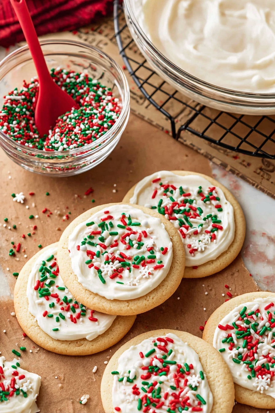 The image shows five round sugar cookies with a light golden-brown color placed on a brown surface. Each cookie has a thick white icing layer spread unevenly on top, decorated with red, green, and white sprinkles shaped like small rods and snowflakes. To the back, there is a clear glass bowl filled with the same colored sprinkles and a red spoon resting inside, and another clear glass bowl containing white icing on a wire rack. The surface underneath everything has a white marbled texture visible at the edges. Photo taken with an iphone --ar 2:3 --v 7