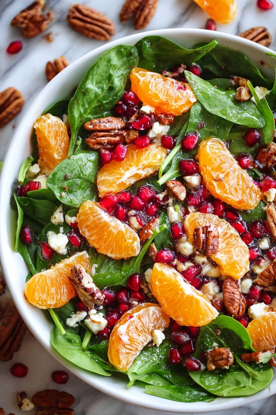 A white bowl filled with a fresh salad shows deep green spinach leaves as the base layer. On top, there are bright orange tangerine slices spread evenly, mixed with red pomegranate seeds adding pops of color. Toasted brown pecan nuts lie scattered around for texture. Small white crumbles of cheese are sprinkled all over, contrasting with the colorful fruits and nuts. The bowl sits on a white marbled surface with some pecans and pomegranate seeds around it. photo taken with an iphone --ar 2:3 --v 7