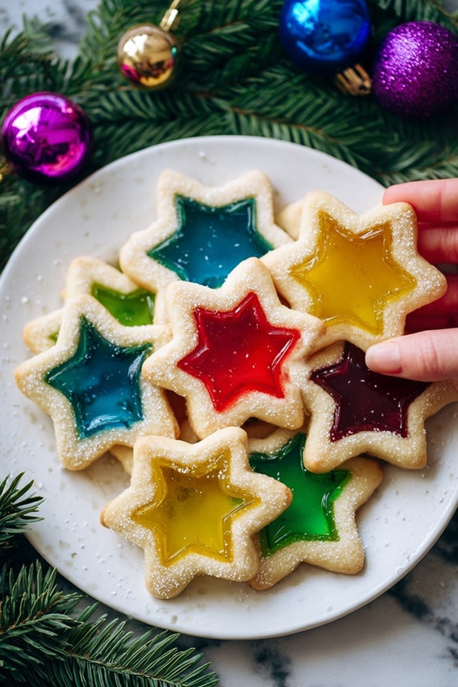 The image shows star-shaped cookies on a white plate, each with two layers: a bottom layer of golden, soft cookie dough and a top layer with a star-shaped cutout filled with shiny red jelly, dusted lightly with powdered sugar that adds a sparkling effect. The cookies are arranged close to each other, sitting on a white marbled surface with blurred green pine and a blue Christmas ornament in the background, giving a festive feeling. Photo taken with an iphone --ar 2:3 --v 7