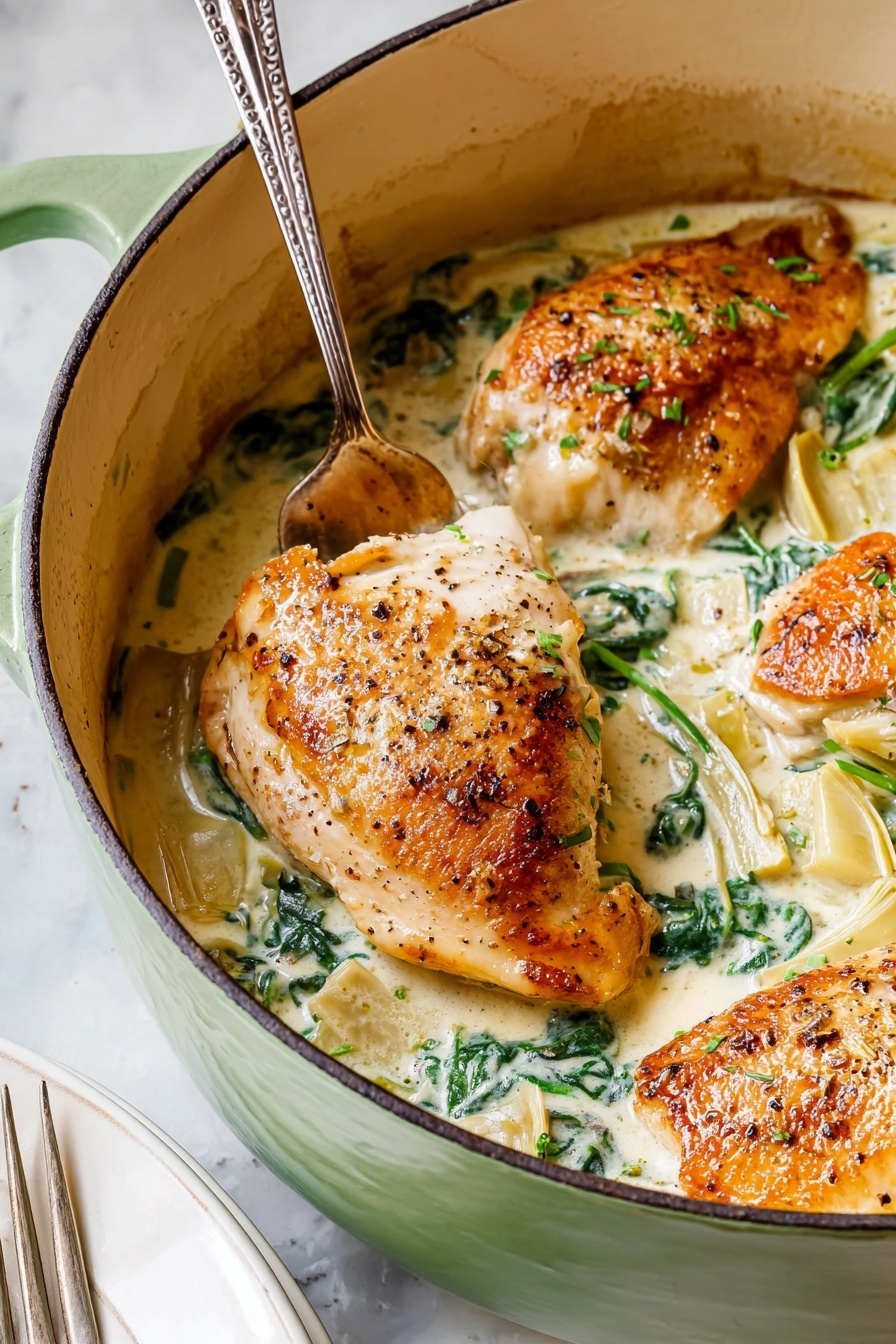 The image shows three golden brown cooked chicken pieces layered on a creamy white sauce with green spinach leaves and light beige artichoke pieces inside a pale green pot. The chicken has a slightly crispy texture with some black pepper sprinkled on top. A silver fork is lifting one chicken piece, partially covered with the creamy sauce. The pot is set on a white marbled surface with a white plate and silver fork partially visible at the bottom left corner. photo taken with an iphone --ar 2:3 --v 7
