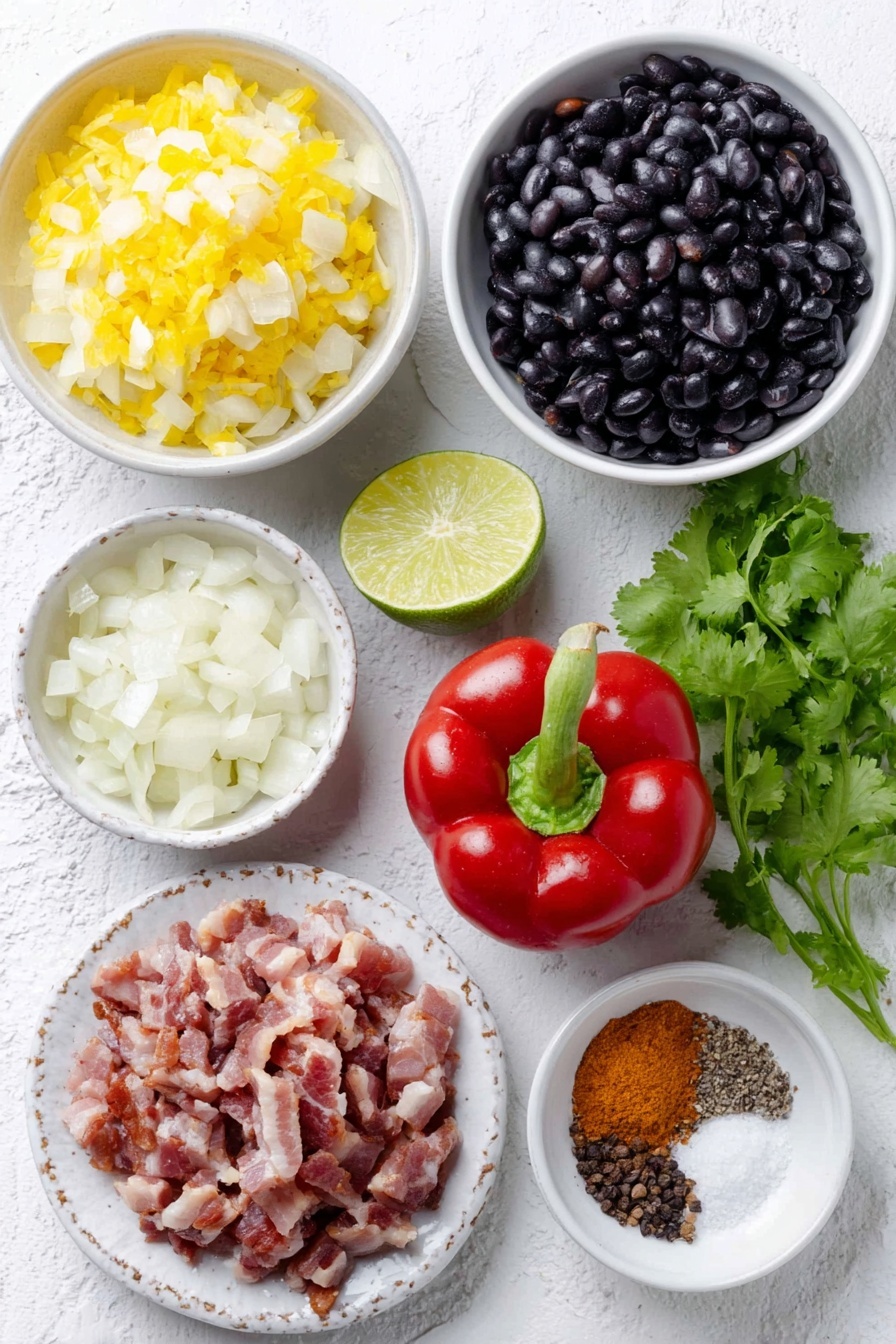 Flat lay of diced yellow onion in a simple white ceramic bowl, small white bowl with minced garlic cloves, fresh whole red bell pepper with stem, chopped raw bacon pieces on a white ceramic plate, black beans displayed naturally in a small mound, fire roasted diced tomatoes in a white bowl, small white bowls with ground cumin and chili powder powders, fresh lime cut in half, bunch of fresh cilantro sprigs, salt and black pepper grains arranged neatly, placed on a clean white marble surface, soft natural light, photo taken with an iPhone, professional food photography style, fresh ingredients, white ceramic bowls, no bottles, no duplicates, no utensils, no packaging --ar 2:3 --v 7 --p m7354615311229779997