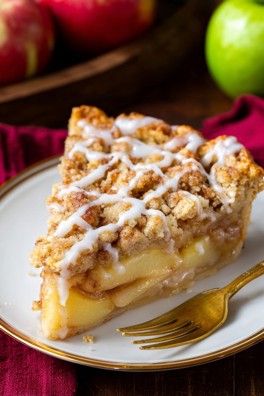 A slice of apple pie is on a white plate with gold trim. The bottom layer shows soft, cooked apple pieces in light golden syrup, topped with a crumbly, light brown streusel layer with small crunchy bits. On top of the pie slice, there is a smooth, round scoop of white vanilla ice cream melting slightly at the edges. The plate is on a dark wooden surface with a red cloth napkin nearby, and a gold fork is placed in front. In the background, there are blurred red and yellow apples. photo taken with an iphone --ar 2:3 --v 7