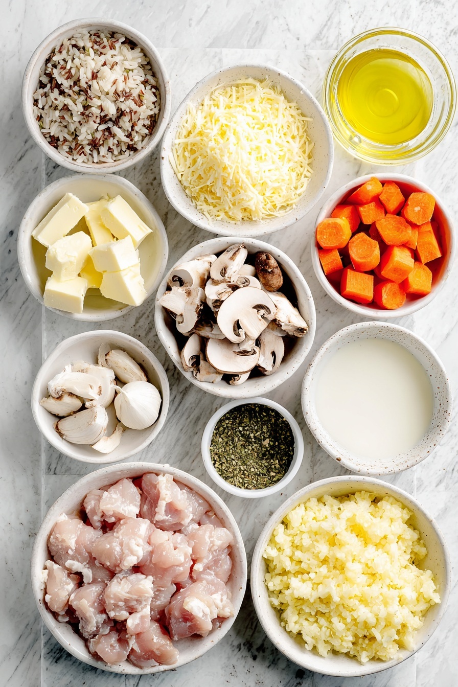 Flat lay of raw chicken breasts chopped into large bite-size pieces, a small mound of cooked wild rice blend, a diced yellow onion, three chopped celery stalks, three chopped carrots, six whole unpeeled garlic cloves, sliced baby Bella mushrooms, a handful of fresh dried parsley and basil herbs in small white bowls, a small white bowl with grated sharp cheddar cheese, a small white bowl with grated Parmesan cheese, a small white bowl with olive oil, a small white bowl with unsalted butter chunks, a small white bowl with milk, and a small white bowl with chicken broth, arranged symmetrically and balanced on a simple white ceramic surface, placed on a clean white marble surface, soft natural light, photo taken with an iPhone, professional food photography style, fresh ingredients, white ceramic bowls, no bottles, no duplicates, no utensils, no packaging --ar 2:3 --v 7 --p m7354615311229779997