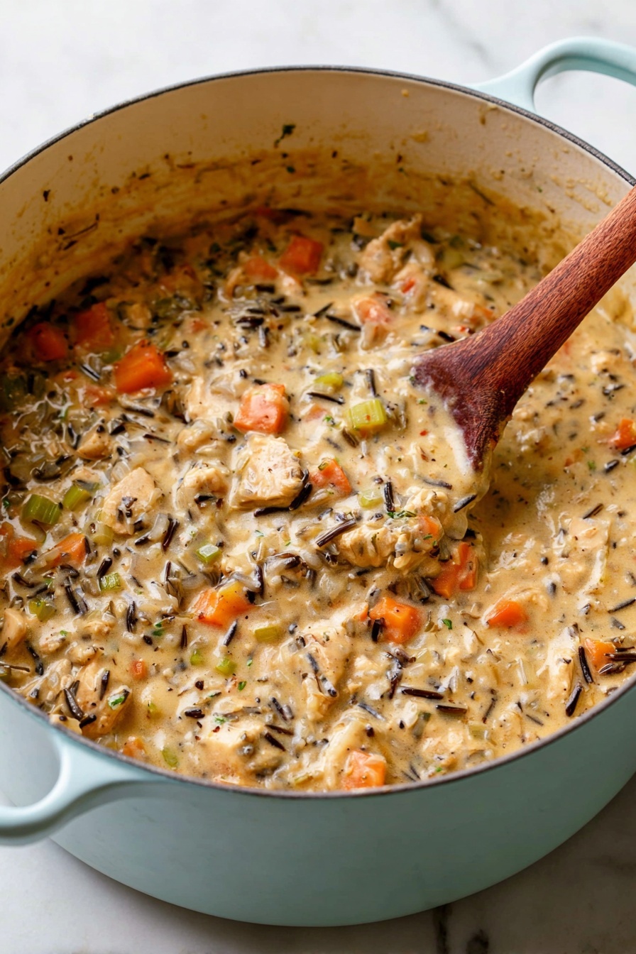 The image shows a close-up of a creamy rice dish served in a white bowl on a white marbled surface. The dish has multiple layers including wild rice mixed with orange carrot pieces, light green celery chunks, and brown mushrooms. The top layer is covered with a golden brown crispy crumb topping and small green parsley leaves scattered across. A golden spoon scoops some of the mixed ingredients, highlighting the creamy texture and varied colors of the vegetables and rice. photo taken with an iphone --ar 2:3 --v 7