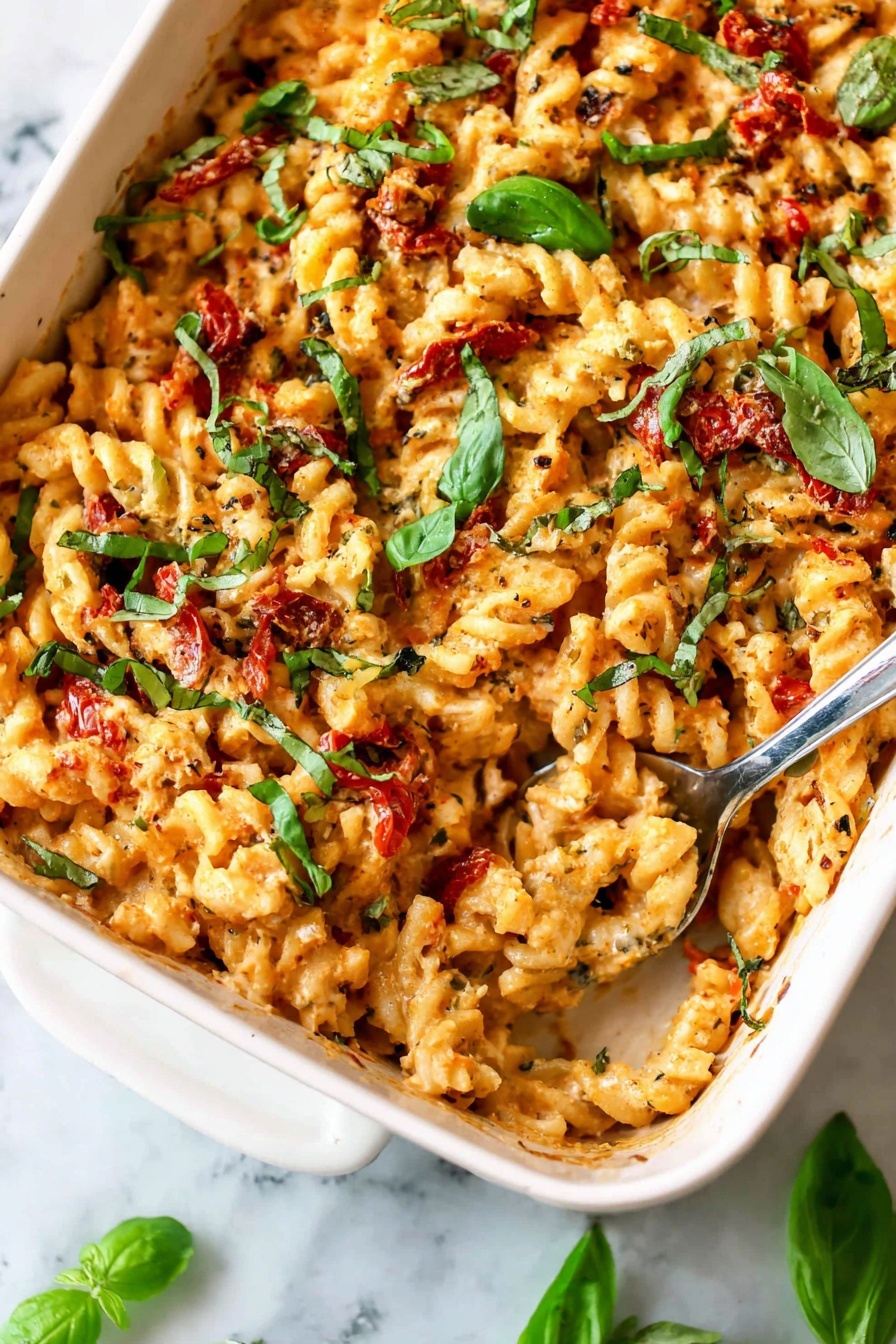 The image shows a white rectangular baking dish filled with cooked short twisted pasta mixed with a red sauce and small pieces of tomato. The pasta is coated well in the sauce and sprinkled with green chopped fresh basil leaves scattered on top. A silver spoon is partially dipped into the pasta on the right side of the dish. The dish sits on a white marbled surface. photo taken with an iphone --ar 2:3 --v 7